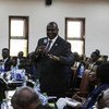 在南苏丹首都朱巴，苏丹人民解放运动-反对派领导人马沙在与安理会成员举行的会议上讲话。 