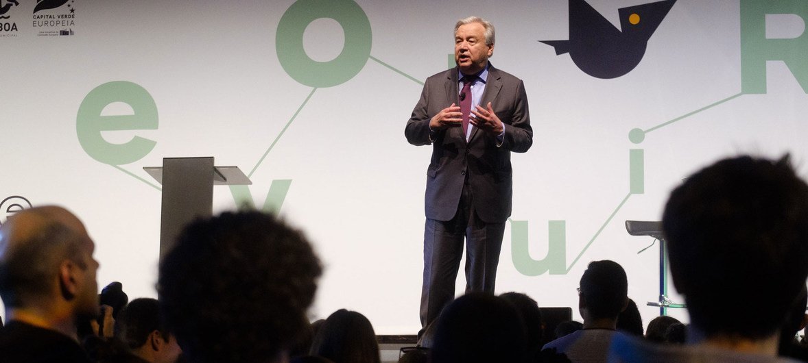 Secretary-General António Guterres addresses audience at a ceremony in Lisbon as the Portuguese city receives the 2020 Green Capital Award, presented by the European Commission.
