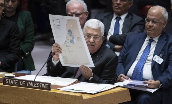 الرئيس الفلسطيني محمود عبّاس، يلقي كلمة أمام مجلس الأمن في جلسته حول الشرق الأوسط