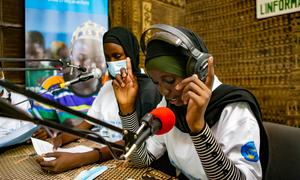 A young journalist from Timbuktu presents the evening news on Radio Jamana, in Koulikoro, Mali.