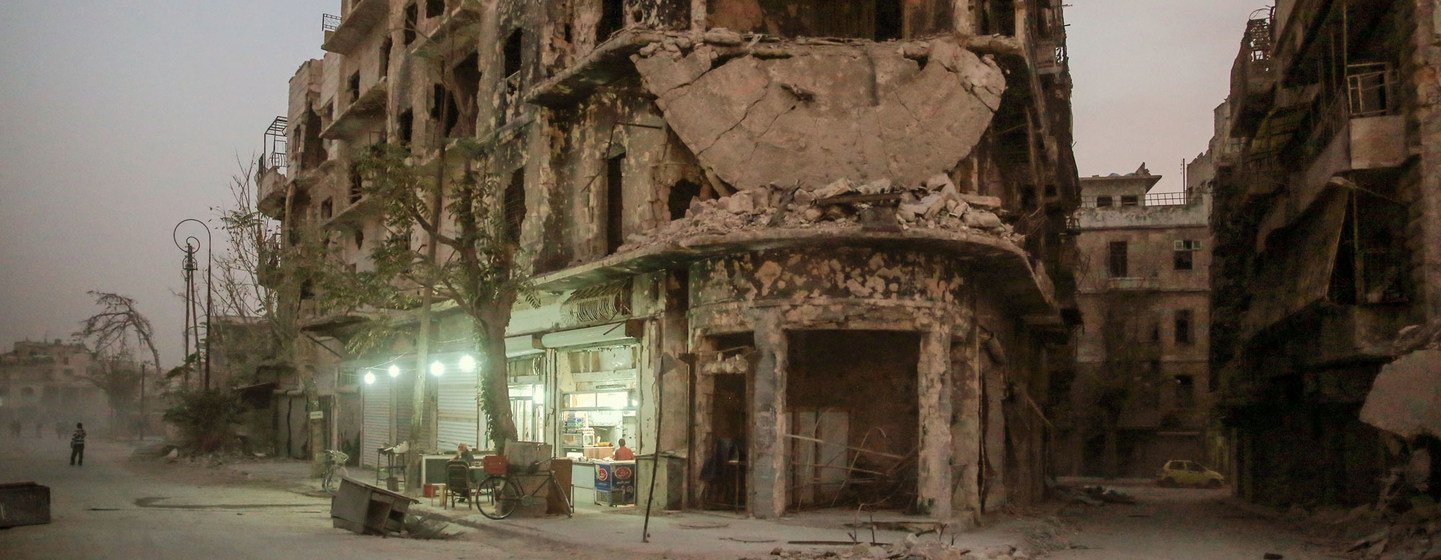 A restaurant reopens for business amid the destruction of war in east Aleppo in Syria.