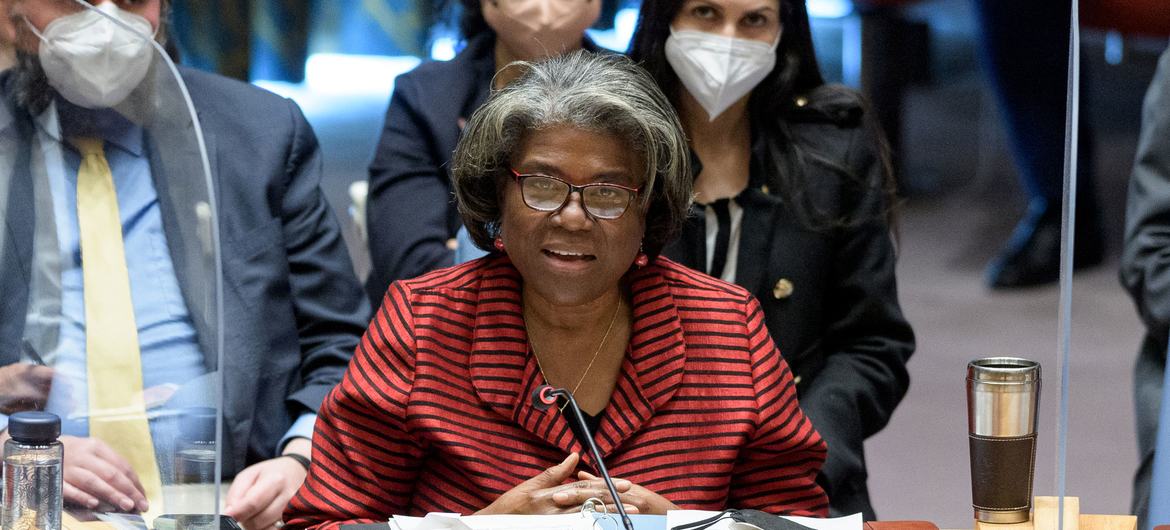 Ambassador Linda Thomas-Greenfield of the United States addresses the UN Security Council meeting  on Threats to International Peace and Security.