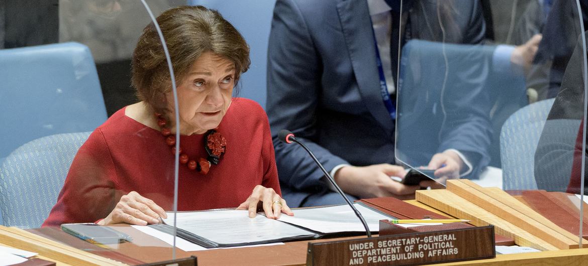 Rosemary Di Carlo, Under-Secretary-General for Political and Peacebuilding Affairs, briefs the Security Council meeting on Threats to International Peace and Security.