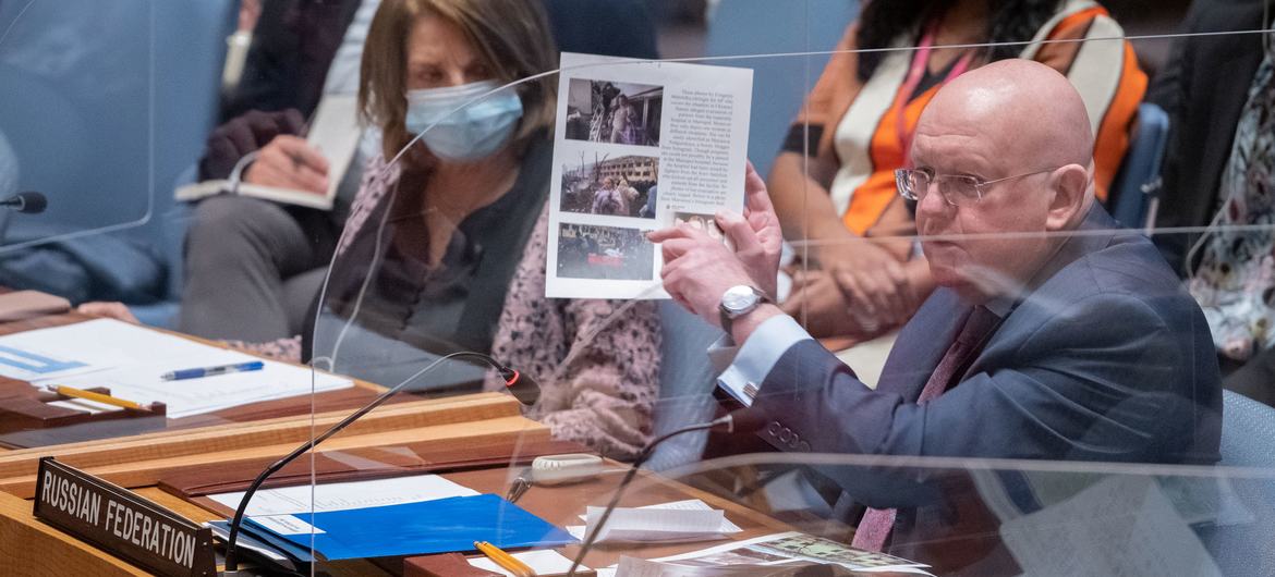 Vassily Nebenzia, Permanent Representative of the Russian Federation to the United Nations, addresses the Security Council meeting on threats to international peace and security.