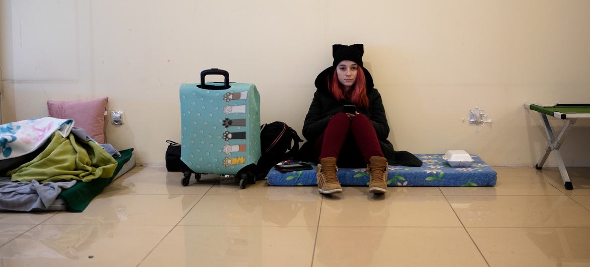 A girl who fled Ukraine, in a refugee centre in Poland.