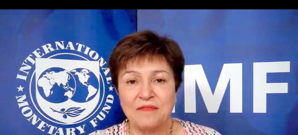 كريستالينا جورجييفا رئيسة صندوق النقد الدولي تتحدث عبر الفيديو مع أعضاء غرفة التجارة الأمريكية.