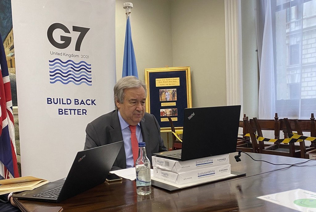 El Secretario General, António Guterres, en un encuentro virtual con la prensa durante su participación en la Cumbre del G7 en el Reino Unido.