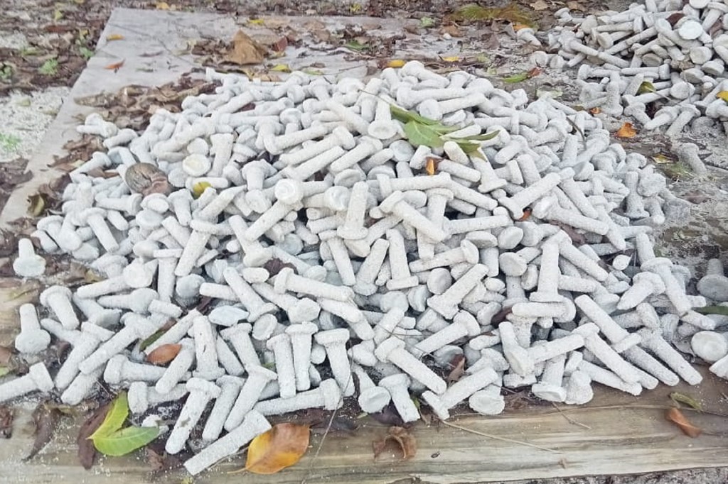 Tapones de cemento utilizados en el proceso de restauración de corales en el condado keniano de Kilifi.