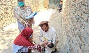 In Afghanistan, a father cradles his child as female health workers administer polio vaccines.