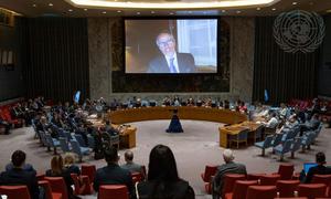 Rafael Mariano Grossi (on screen), Director General of the International Atomic Energy Agency (IAEA), addresses the Security Council on threats to international peace and security.