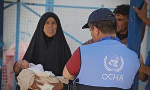 OCHA staff assist an Iraqi woman taking her four-day-old grandson to a health clinic in Al Hol camp, Syria. (16 June 2019)