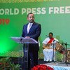 O primeiro-ministro etíope Abiy Ahmed discursa no evento World Press Freedom 2019 em Addis Abeba, na Etiópia.