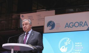 Secretary-General António Guterres delivers remarks at the Paris Peace Forum in Paris, France.