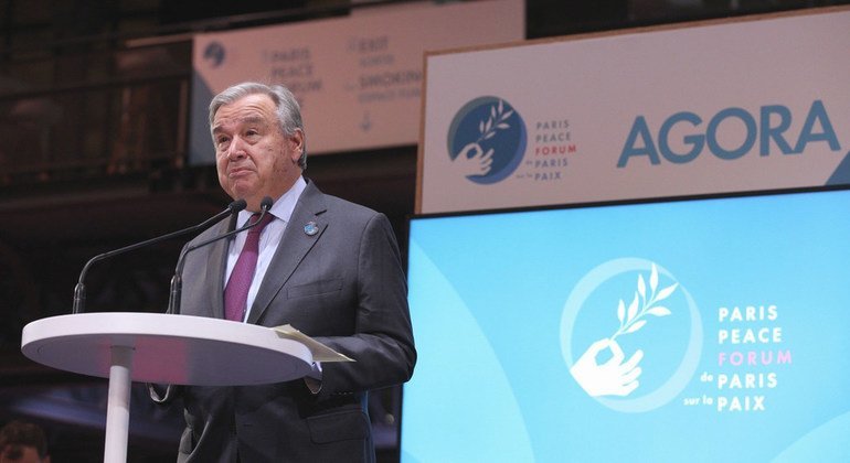 Secretário-geral, António Guterres, discursa no Fórum de Paz de Paris, em França