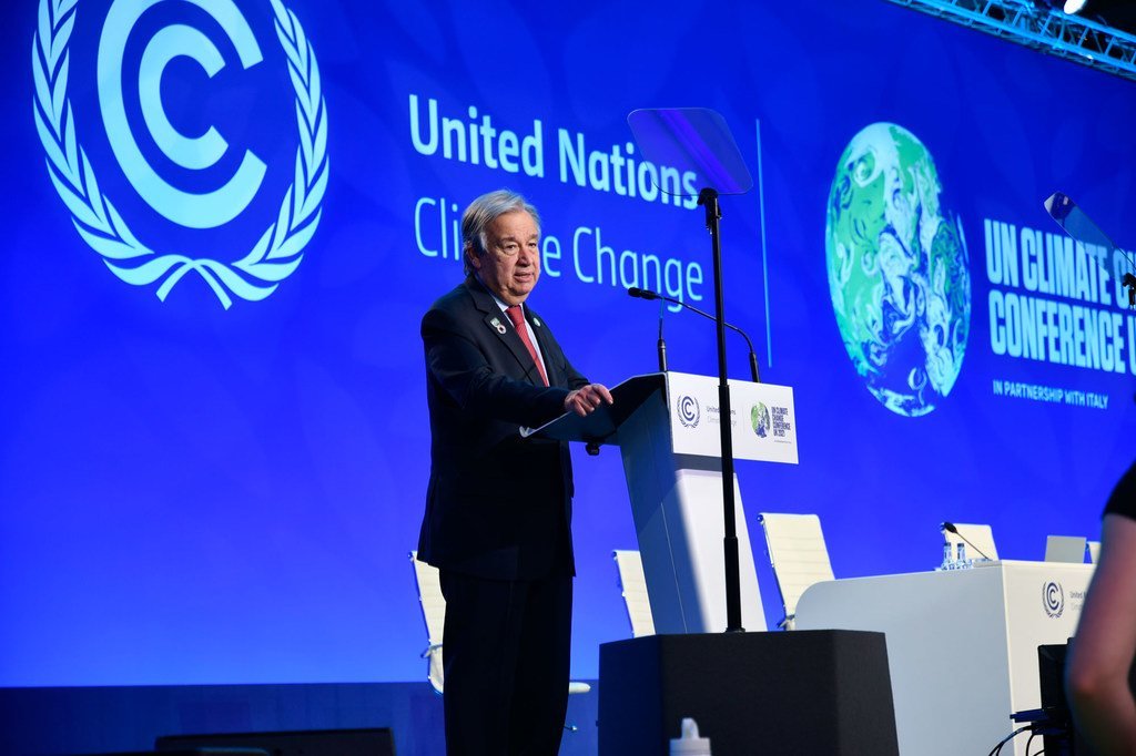 Katibu Mkuu wa UN António Guterres akihutubia mkutano wa COP26 huko Glasgow Scotland
