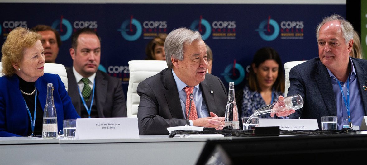 UN Secretary-General António Guterres (centre) addresses the high-level meeting on Caring for Climate at the UN Climate Change Conference COP25 in Madrid.