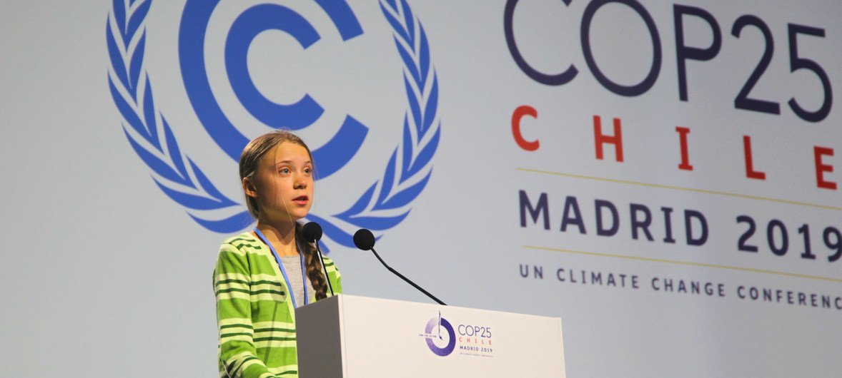 A jovem ativista Greta Thunberg discursa na reunião de alto nível sobre o clima na Conferência sobre Mudança Climática da ONU, COP 25, em Madri.