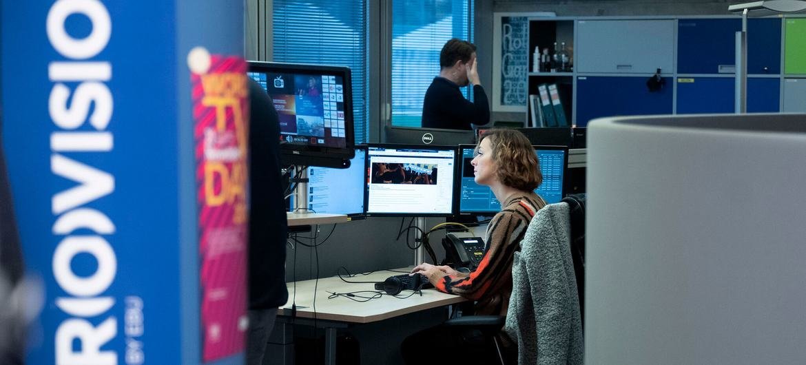 An employee of the European Broadcasting Union works at their headquarters in Geneva, Switzerland.