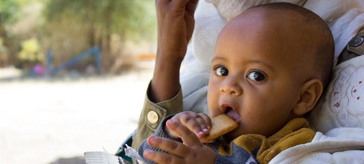 A seven-month-old baby displaced with his mother due to conflict in Tigray eats a high energy biscuit to boost his nutrition levels.