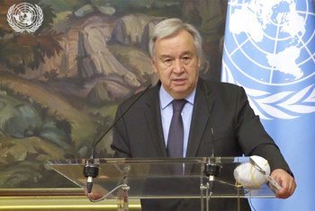 UN Secretary-General António Guterres speaking at a press conference in Moscow after talks with Russian Foreign Minister Sergey Lavrov.
