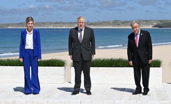 British Prime Minister Boris Johnson and his wife Carrie Johnson greet UN Secretary-General António Guterres upon his arrival at the G7 Summit in Cornwall, United Kingdom.