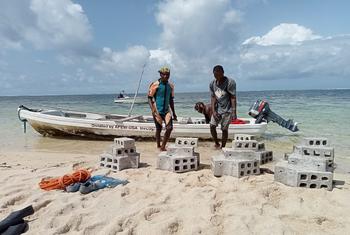 Des villageois de Kuruwitu chargent sur un bateau des blocs de ciment destinés à faciliter la pousse du corail, afin de les installer dans une zone isolée en pleine mer.