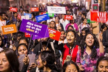 Young people protest for gender equality and women's rights in Nepal.
