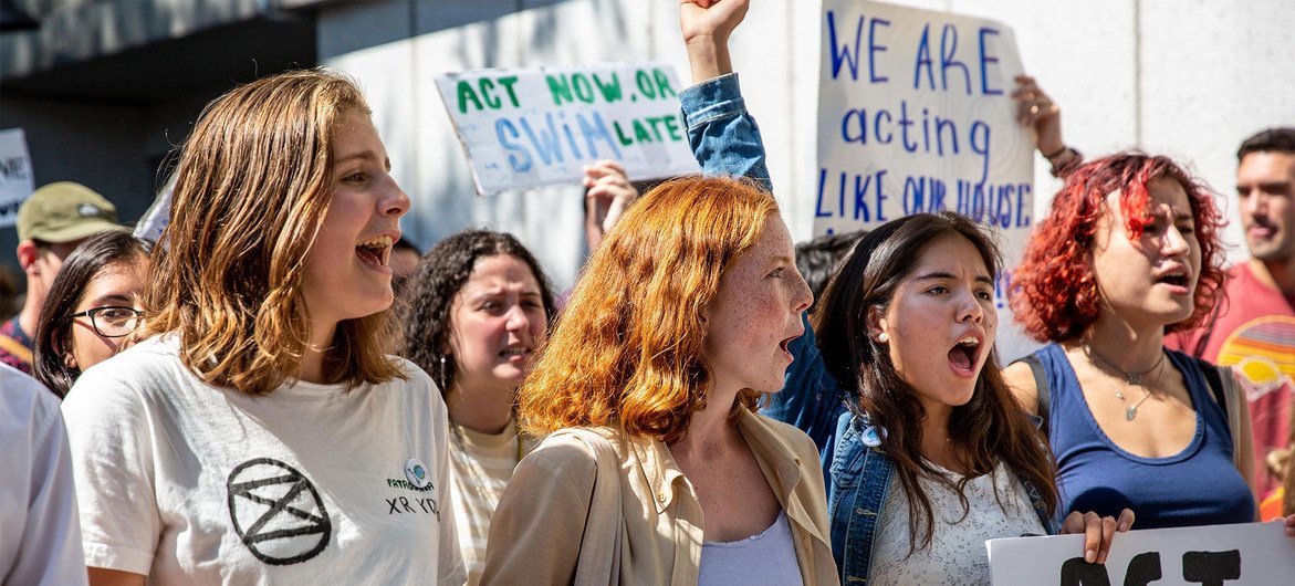As part of the Fridays for Future school strikes, youth protest for climate action in New York, August 2019.