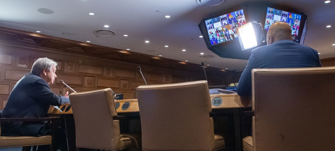 Secretary-General António Guterres (left) addresses the G20 Extraordinary Leaders' Meeting on Afghanistan.