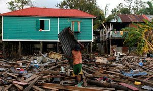 飓风”埃塔“过境后，尼加拉瓜受灾居民正在清理自家门前的杂物。