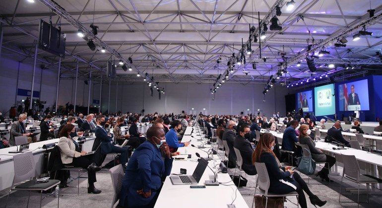 Delegates seated in the main plenary at the COP26 Climate Conference in Glasgow, Scotland.