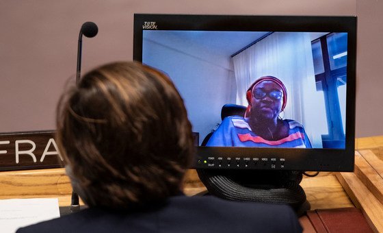 Fatimata Ouilma Sinare (on screen), President of the Burkina Faso chapter of the Network on Peace and Security for Women in the ECOWAS Space (REPSFECO-BF), addresses the Security Council meeting on Peace and security in Africa.