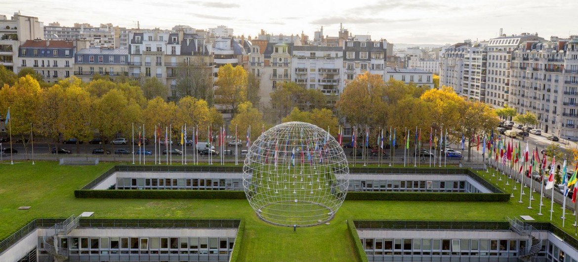 A view of the Symbolic Globe by Erik Reitzel at UNESCO Headquarters in Paris, France.