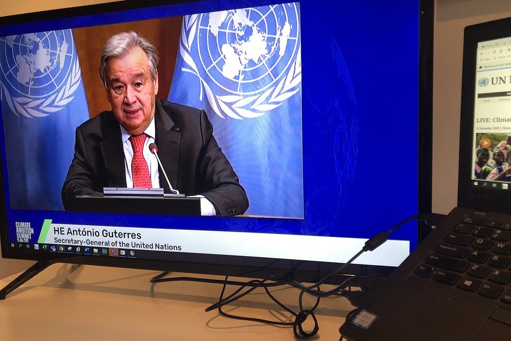联合国秘书长古特雷斯通过线上方式在“2020气候雄心峰会”上致辞。