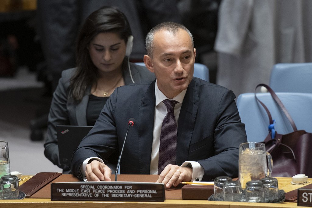 نيكولاي ملادينوف، المنسق الخاص للأمم المتحدة لعملية السلام في الشرق الأوسط، يحدث أمام مجلس الأمن حول الوضع في الشرق الأوسط. (18/12/2019) 