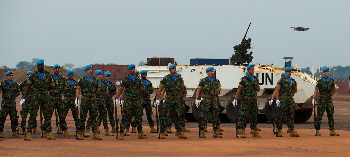 Portuguese UN peacekeepers stand in honour guard formation at the MINUSCA base in Bangui in the Central African Republic. 