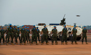 Portuguese UN peacekeepers stand in honour guard formation at the MINUSCA base in Bangui in the Central African Republic. 
