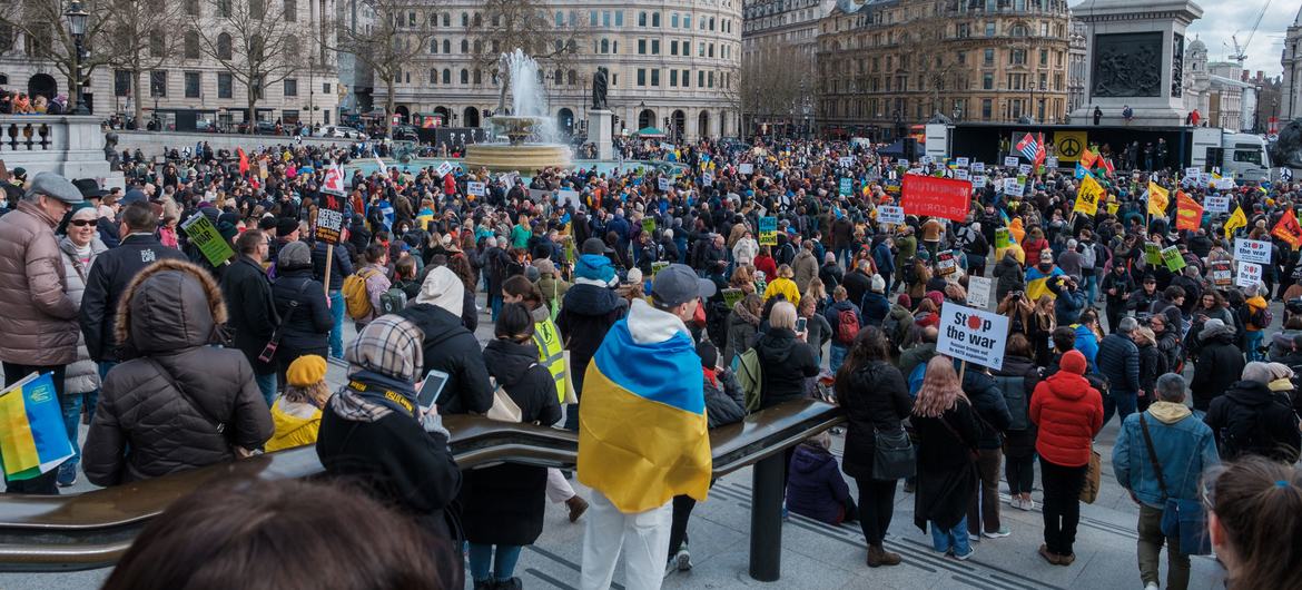 Demonstrations in support of Ukraine have taken place in numerous places in London, including in Trafalgar Square.