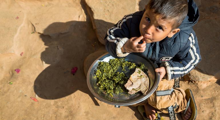 A young boy who is a beneficiary of UNICEF's nutrition plan eats green leafy vegetables and bread.