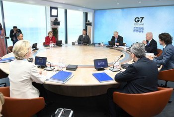 Dirigeants du G7 lors d'une réunion plénière sur la pandémie de Covid-19, lors d'un sommet en Cornouailles, au Royaume-Uni.