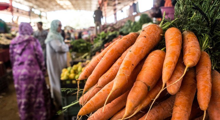 Carrots are displayed at Agadir's Suk Market in Morocco.