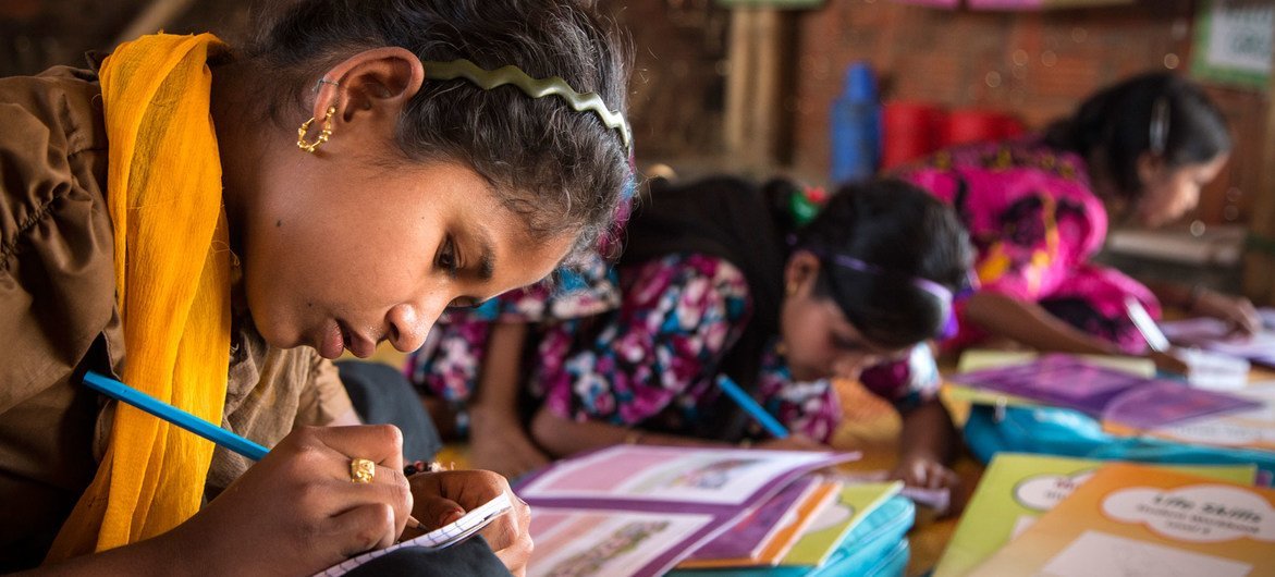 Girls study in a learning centre in a refugee camp in Cox's Bazar, Bangladesh.