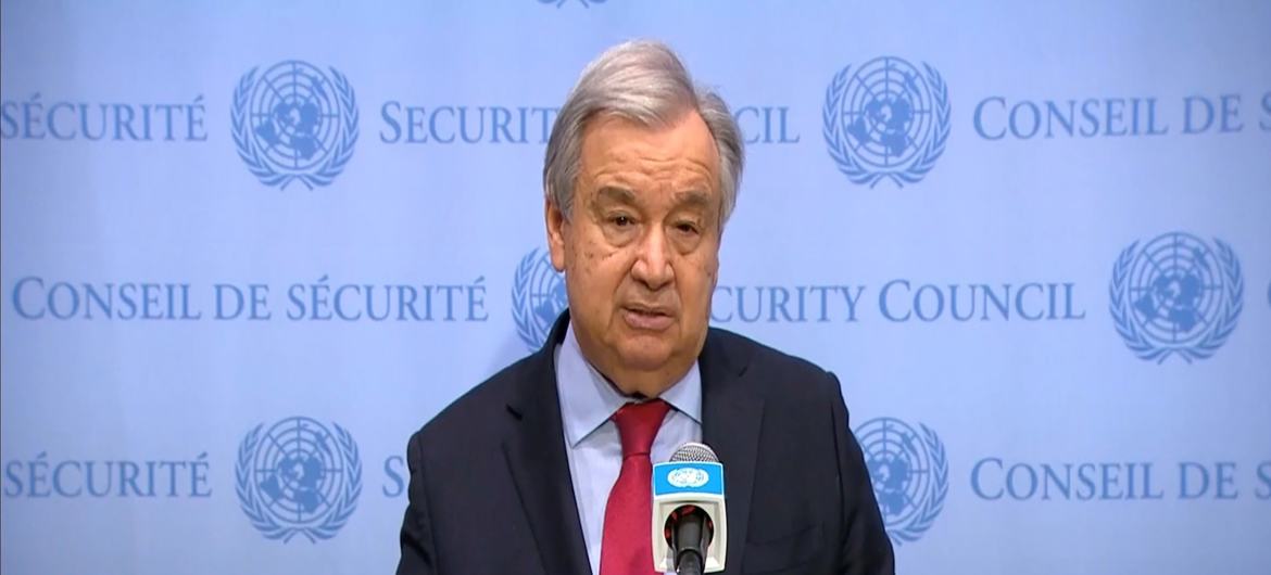 联合国秘书长古特雷斯向媒体发表讲话。