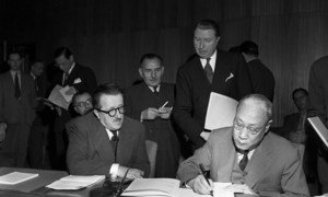 Seventeen UN Member States met in November 1947 to sign protocols to amend the Geneva Conventions of 1921, 1923, and 1933.  