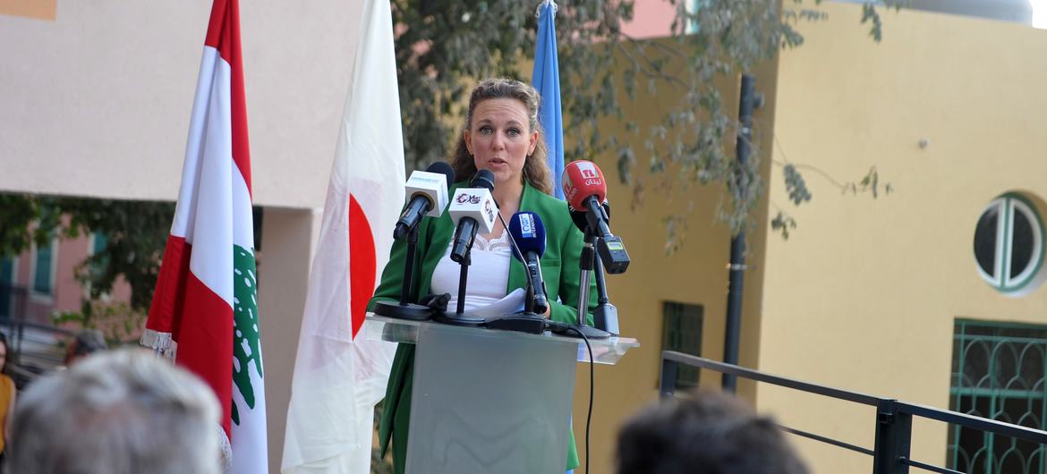 تينا كريستيانسن مديرة البرنامج القطري لموئل الأمم المتحدة في لبنان - خلال الحفل الختامي لكتلة الرميل