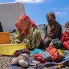 أسرة نازحة بسبب النزاع تجلس في أحد مخيمات النزوح في منطقة الضالع في اليمن.