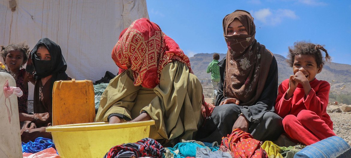 A family in the Al Dhale'e camp for people displaced by the conflict in Yemen.