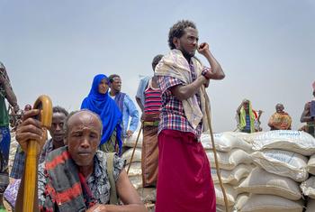 Pessoas esperam por distribuição de comida em Afar, norte da Etiópia. 