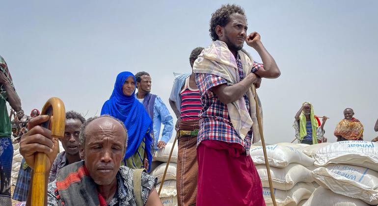 Personas esperando el reparto de alimentos en la región de Afar, en el norte de Etiopía.