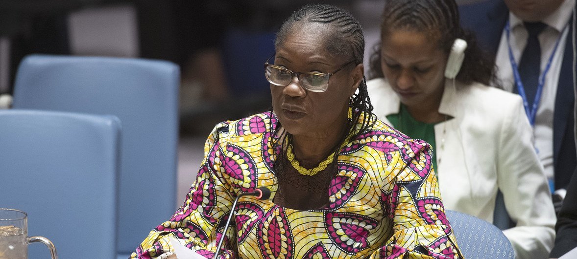 Rosine Sori-Coulibaly, Special Representative for Guinea-Bissau and Head of the United Nations Integrated Peacebuilding Office in Guinea-Bissau, briefs the Security Council meeting on the situation in Guinea-Bissau.